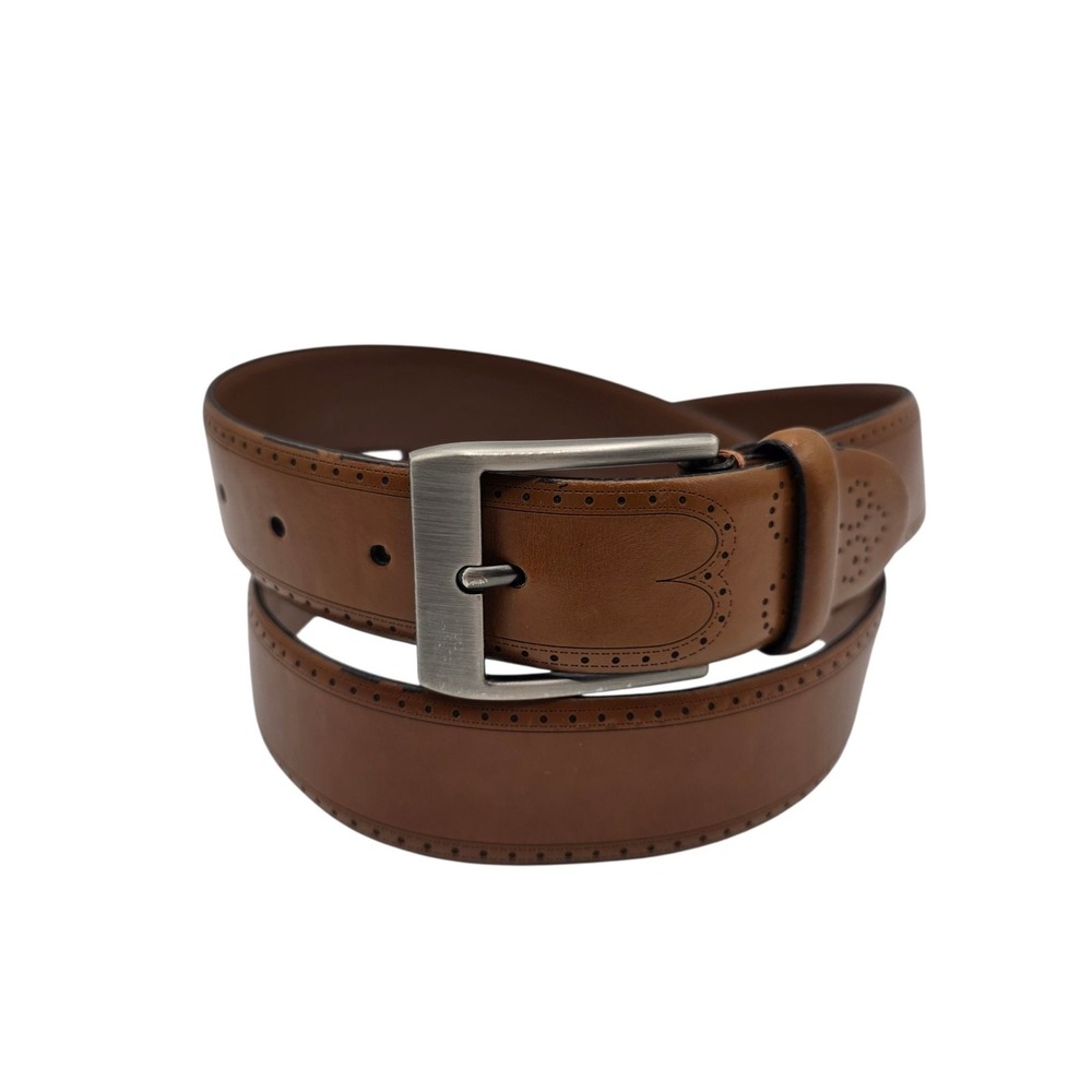 JOSEPH ABBOUD Italian Leather Brogue Dress Belt Silver Buckle Brown‎ 34 Waist